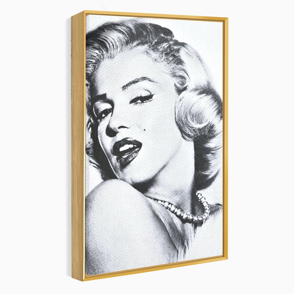 Tablou canvas cu tablou canvas cu marilyn monroe alb negru, in rama de aluminiu auriu